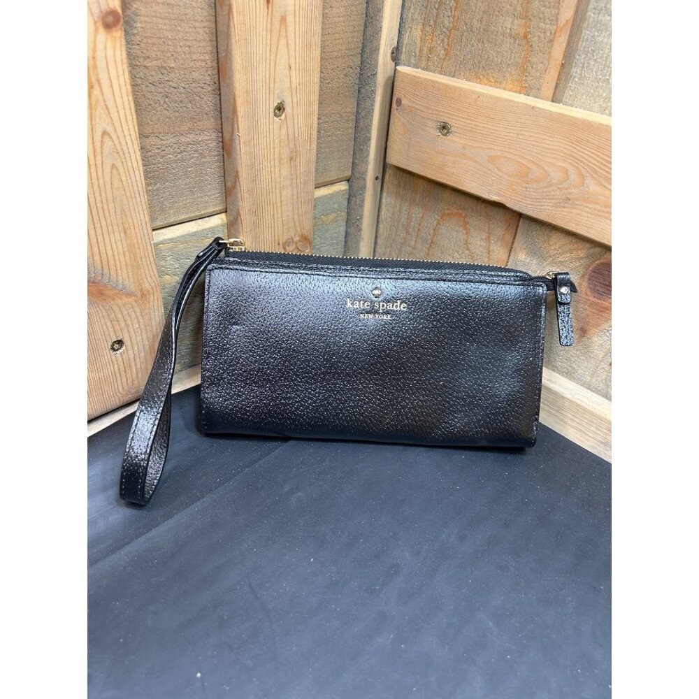 KATE SPADE NEW YORK Black Leather Zip Around Wristlet Wallet With Gold Hardware